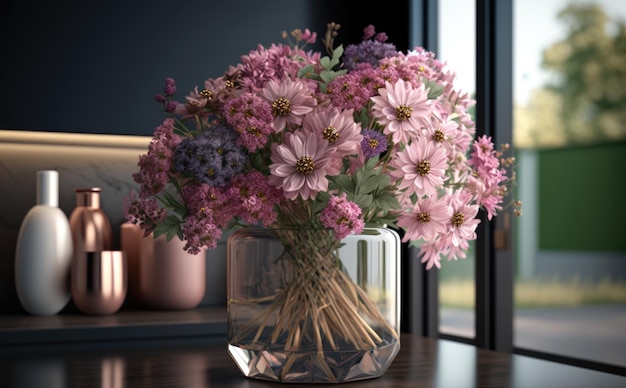 Um vaso de um buquê de flores cor de rosa em uma mesa no fundo da sala de estar gerado