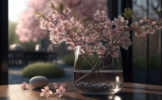 Um vaso de um buquê de flores de sakura está sobre uma mesa com uma janela ao fundo. ai gerado