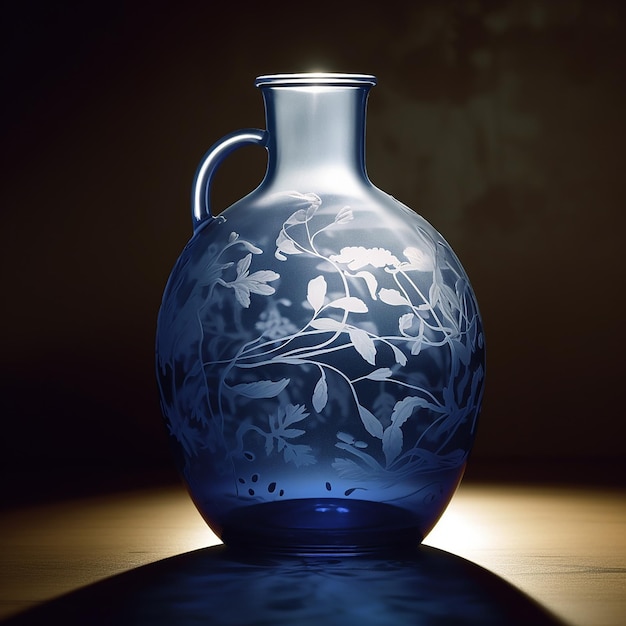 Um vaso de vidro azul com um desenho de flor
