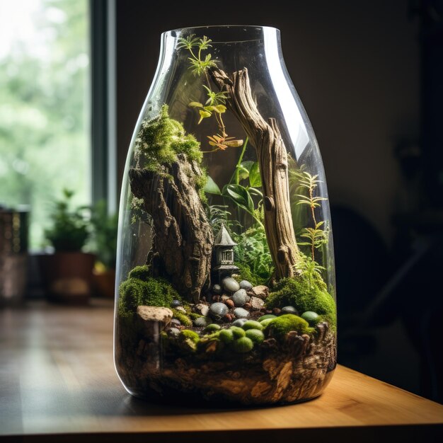 Foto um vaso de vidro com algumas plantas dentro dele é gerado