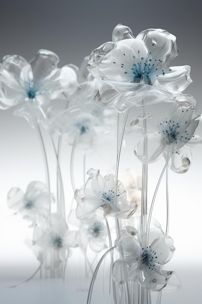 Um vaso de vidro com flores transparentes e brancas.