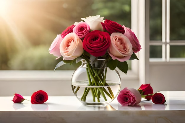 Um vaso de vidro com rosas vermelhas, brancas e cor-de-rosa em uma mesa com um fundo de luz brilhante suave