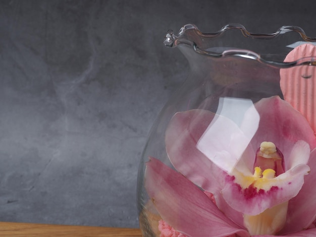 Um vaso de vidro com uma flor rosa dentro