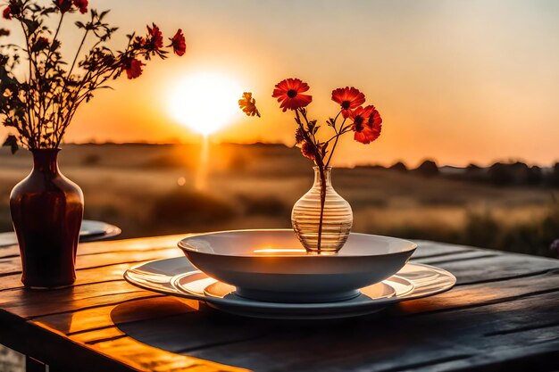 Foto um vaso e alguns pratos em uma mesa com um pôr-do-sol no fundo