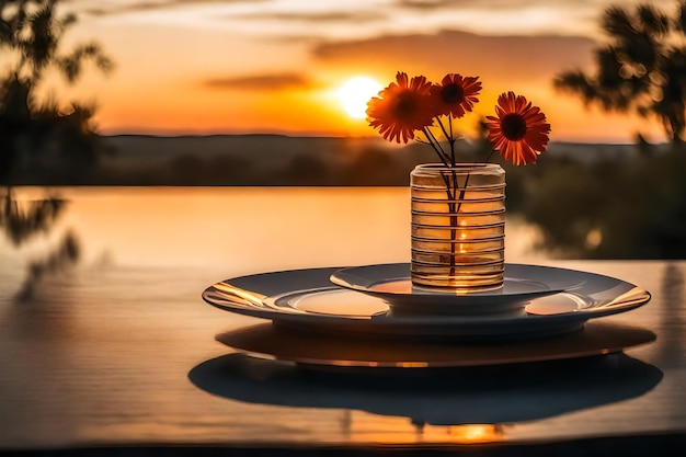 Foto um vaso e alguns pratos em uma mesa com um pôr-do-sol no fundo