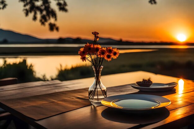 Foto um vaso e alguns pratos em uma mesa com um pôr-do-sol no fundo