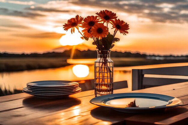 Foto um vaso e alguns pratos em uma mesa com um pôr-do-sol no fundo