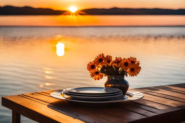 Um vaso e alguns pratos em uma mesa com um pôr-do-sol no fundo