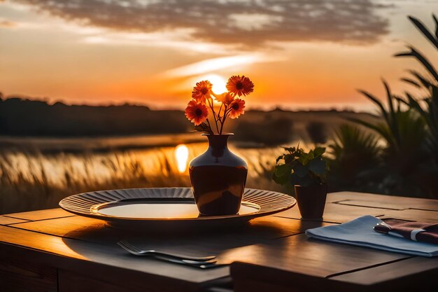 Foto um vaso e alguns pratos em uma mesa com um pôr-do-sol no fundo