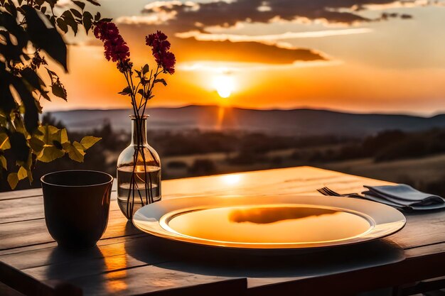 Foto um vaso e alguns pratos em uma mesa com um pôr-do-sol no fundo