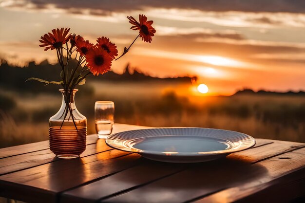 Foto um vaso e alguns pratos em uma mesa com um pôr-do-sol no fundo