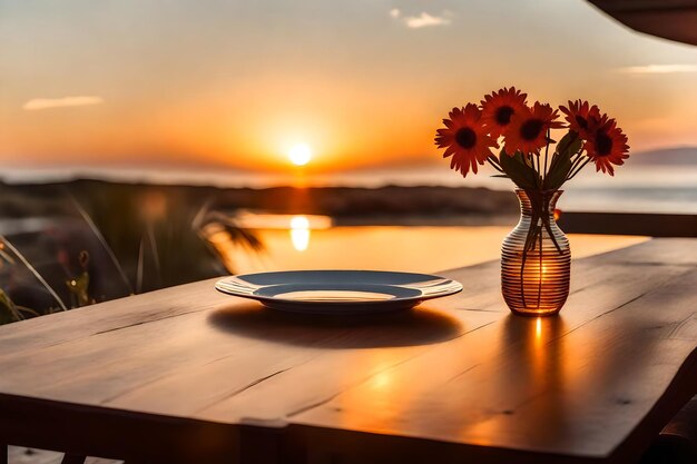 Um vaso e alguns pratos em uma mesa com um pôr-do-sol no fundo