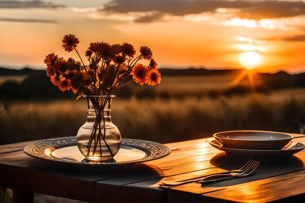 Um vaso e alguns pratos em uma mesa com um pôr-do-sol no fundo