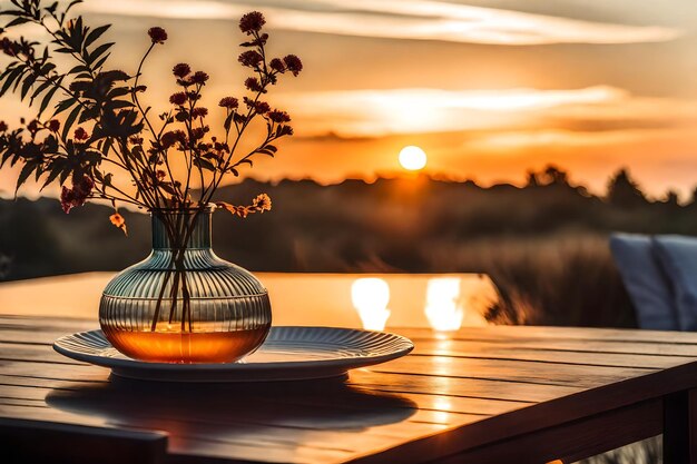 Foto um vaso e alguns pratos em uma mesa com um pôr-do-sol no fundo