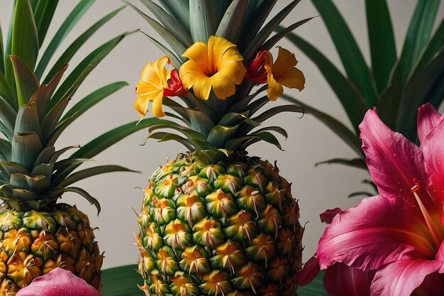 Um vaso em forma de abacaxi segurando flores tropicais