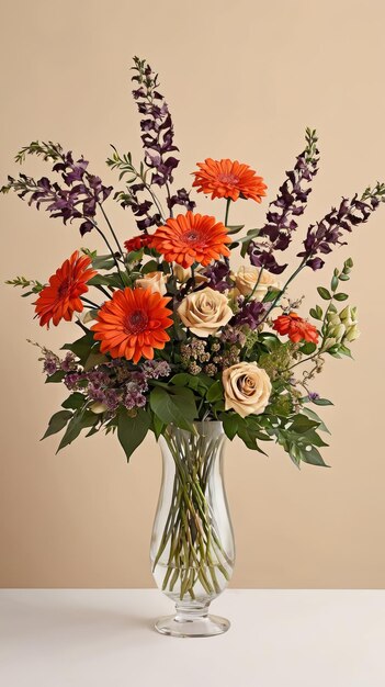 Um vaso repleto de várias flores sobre uma mesa