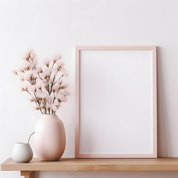 um vaso rosa com flores ao lado de um porta-retratos branco