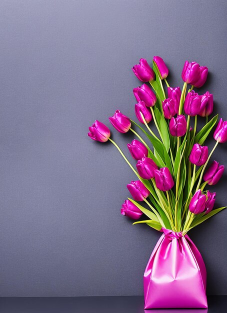 Foto um vaso rosa de tulipas está em um fundo roxo.