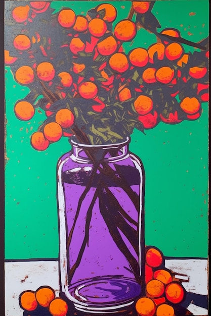 Um vaso roxo com flores laranja está sobre um fundo verde.