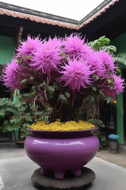 Um vaso roxo com uma flor chamada lótus.