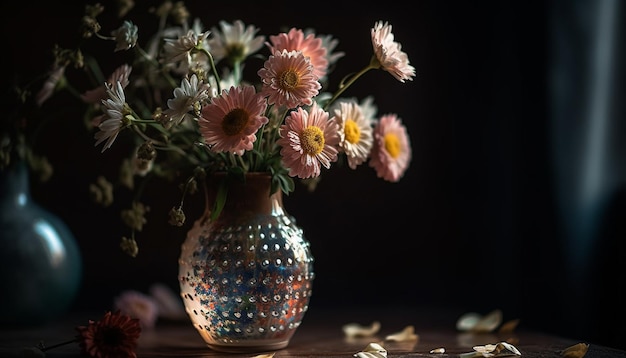 Um vaso rústico contém um buquê multicolorido de flores frescas geradas por IA