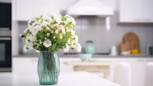 Um vaso verde com flores brancas fica no balcão da cozinha.