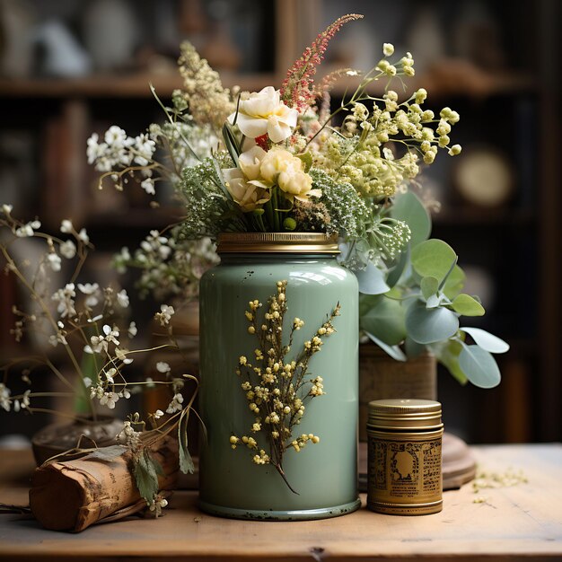 um vaso verde com flores e uma garrafa de vinho