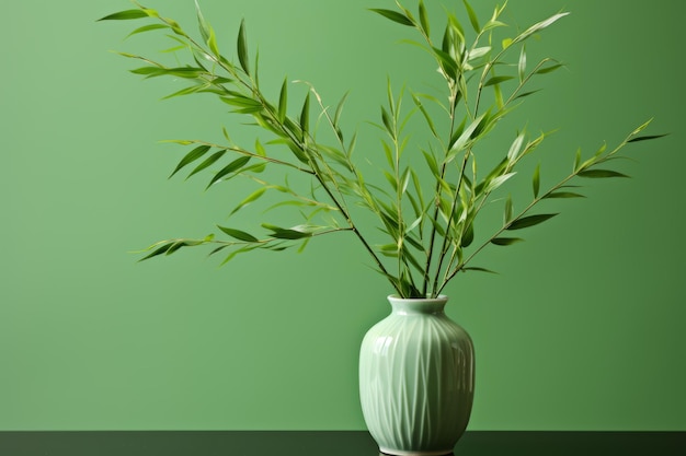 um vaso verde com folhas de bambu em cima de uma mesa