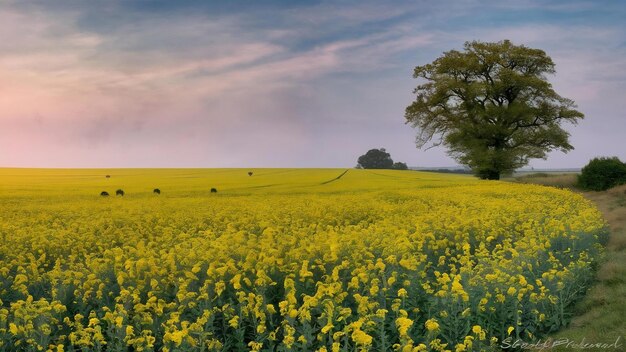 Um vasto campo com colza amarela e uma única árvore em Norfolk, no Reino Unido