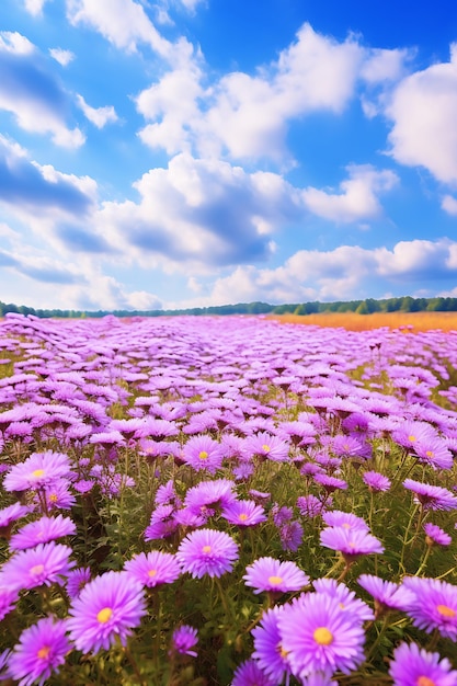 Foto um vasto campo roxo de margaridas sob um céu nublado