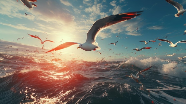 Um vasto corpo de água e um grupo de gaivotas voando acima Generative Ai