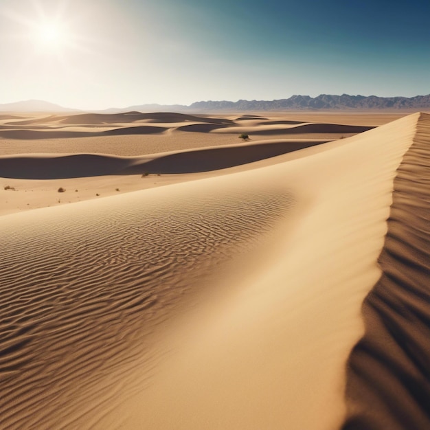 Um vasto deserto com dunas de areia e um oásis solitário à distância sol quente e céu azul claro pacífico