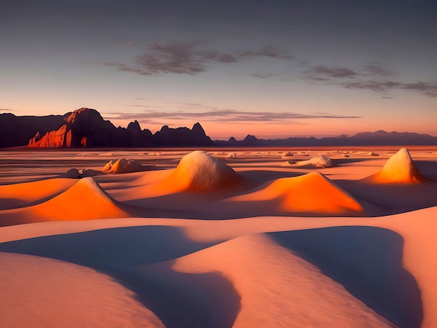 Um vasto deserto de sal de cor branca que se estende até o horizonte com alguns afloramentos rochosos e um