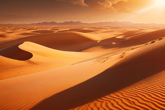 Um vasto deserto varrido pelo vento, com dunas de areia inconstantes e um sol escaldante no alto, capturado em um cenário hiper-real