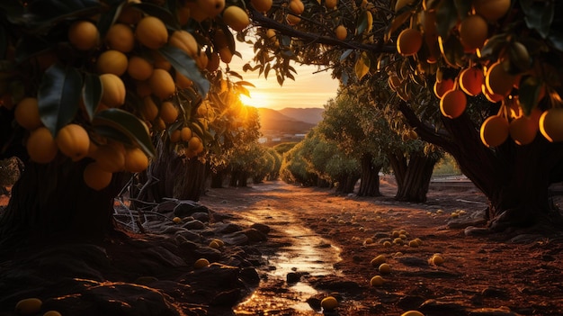 Um vasto pomar cheio de árvores frutíferas maduras