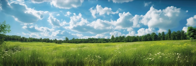 Um vasto prado verde estendido até o horizonte emoldurado por uma visão ampla do céu expansivo A combinação da grama exuberante e do céu aberto criou uma sensação de abertura e serenidade IA generativa