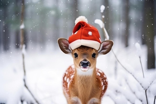 um veado bebê vestindo um chapéu de santa na neve