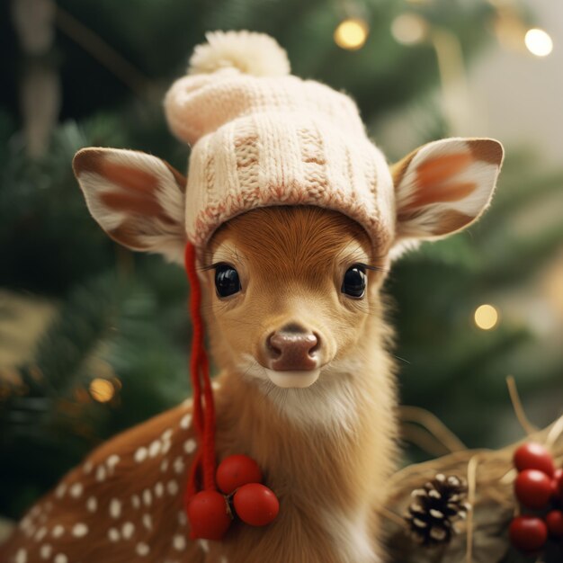 Um veado bonito usando um chapéu em um cenário com tema de natal