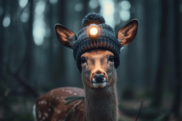 Um veado com uma lanterna na cabeça está em uma floresta escura