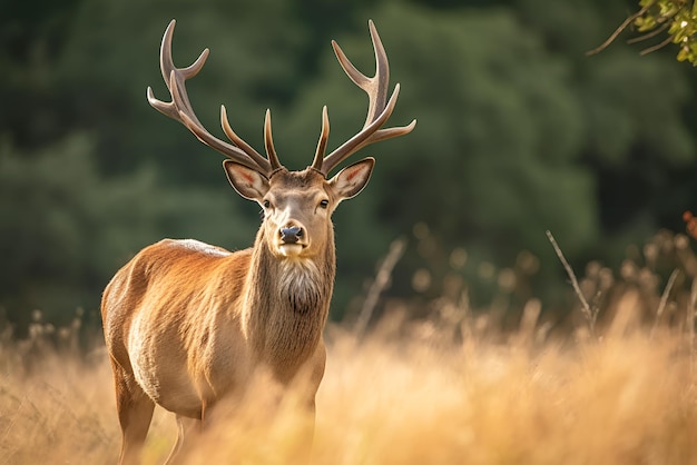 Foto um veado vermelho em um campo com árvores ao fundo