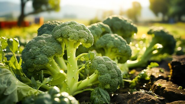 Um vegetal de brócolis fresco no foco de brócolis de campo na câmera