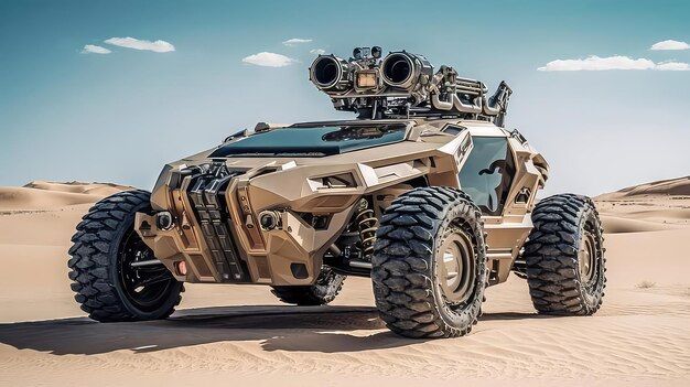 Um veículo com design de camuflagem está no deserto.