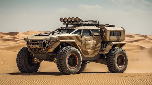 Um veículo da empresa mars rover é mostrado no deserto.