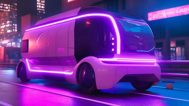 Um veículo de transporte de carga elétrico futurista em uma cidade futurista apresentando integração e eficiência com design urbano moderno