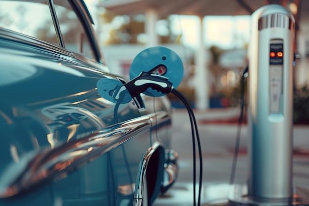 Um veículo elétrico elegante carrega em uma estação de carregamento vintage dos anos 50