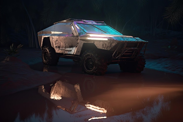 Um veículo na água à noite no escuro