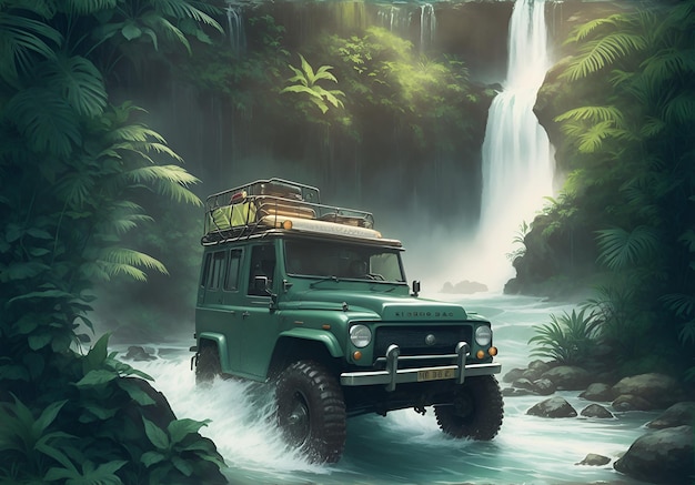 Um veículo offroad atravessando um rio na selva