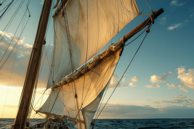 Foto um veleiro a navegar no oceano ao pôr-do-sol