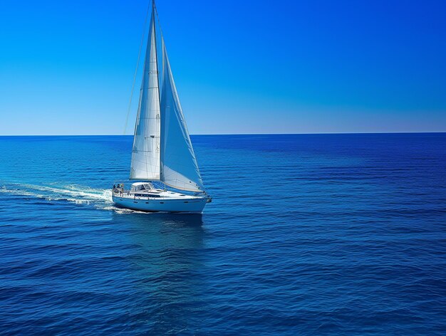 Foto um veleiro a navegar num mar azul e um céu limpo