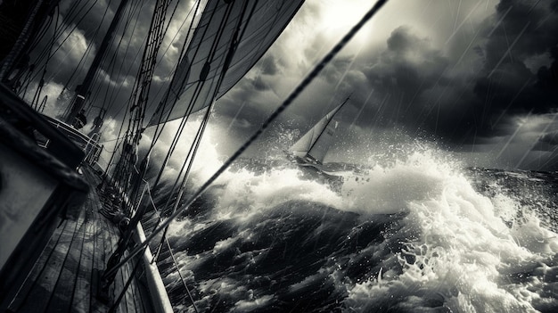 Foto um veleiro batido por mares tempestuosos sua tripulação agarrando-se ao equipamento como ondas batem sobre o convés